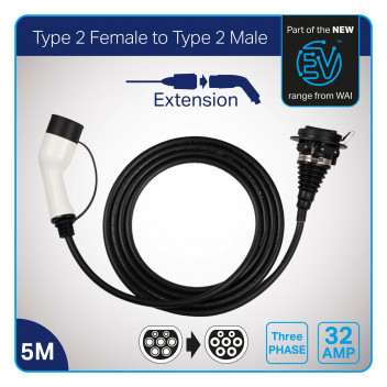 WAI Three Phase T2 Female to T2 Male 5m EV Cable